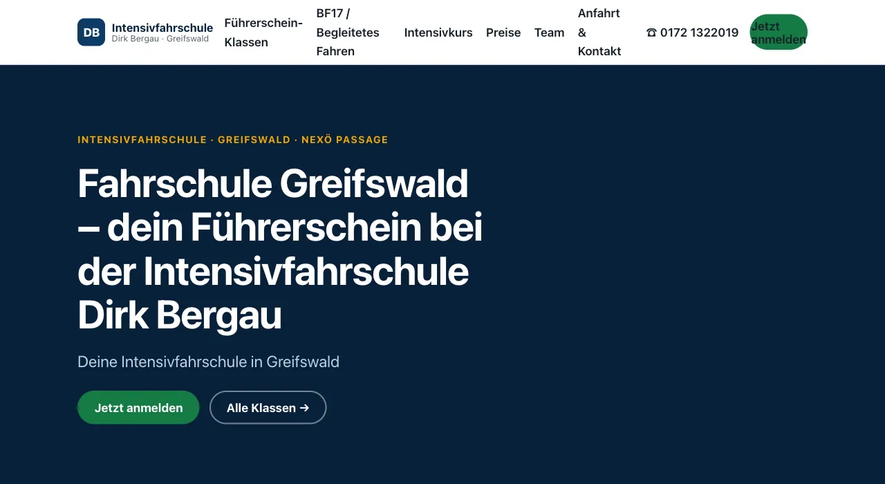 Neue Website der Fahrschule Bergau mit modernem Design, klaren Handlungsaufforderungen und mobiler Darstellung