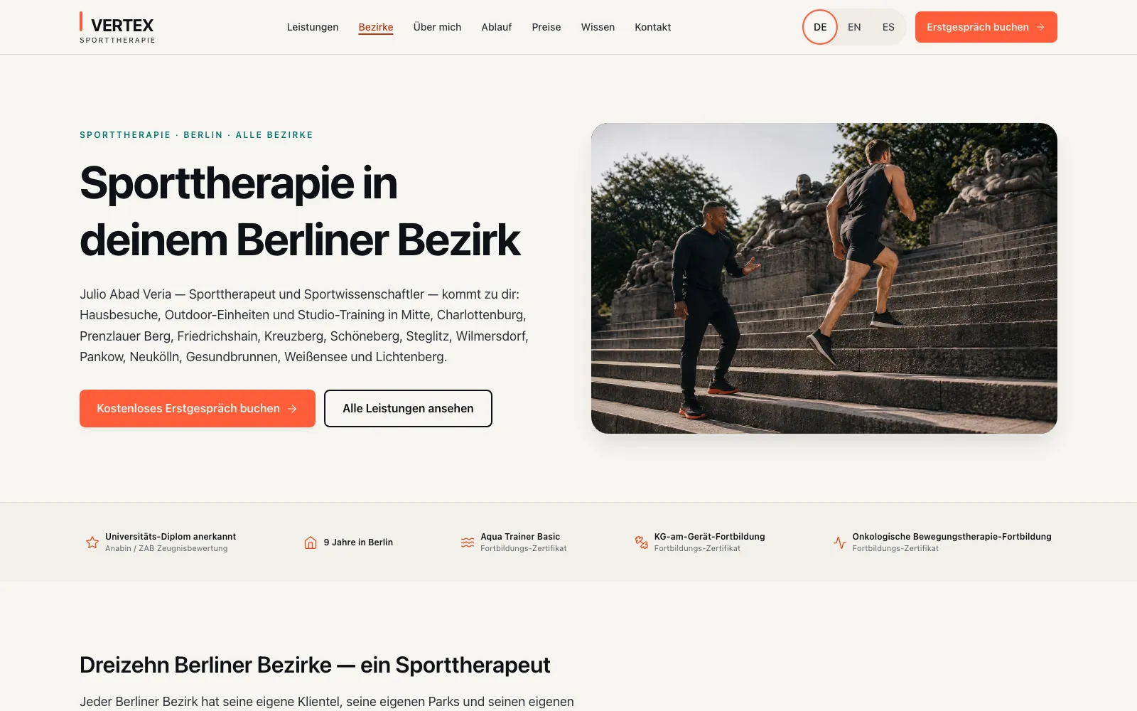 Bezirks-Übersichtsseite von Vertex Sporttherapie mit dreizehn Berliner Bezirken für lokale Sichtbarkeit